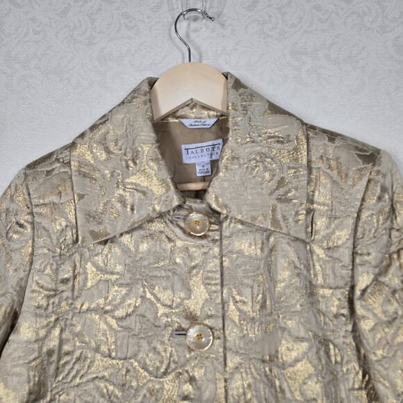 VTG Talbots Collection Cropped Jacket 10 Gold Metallic Jacquard Italian Fabric - Picture 2 of 16